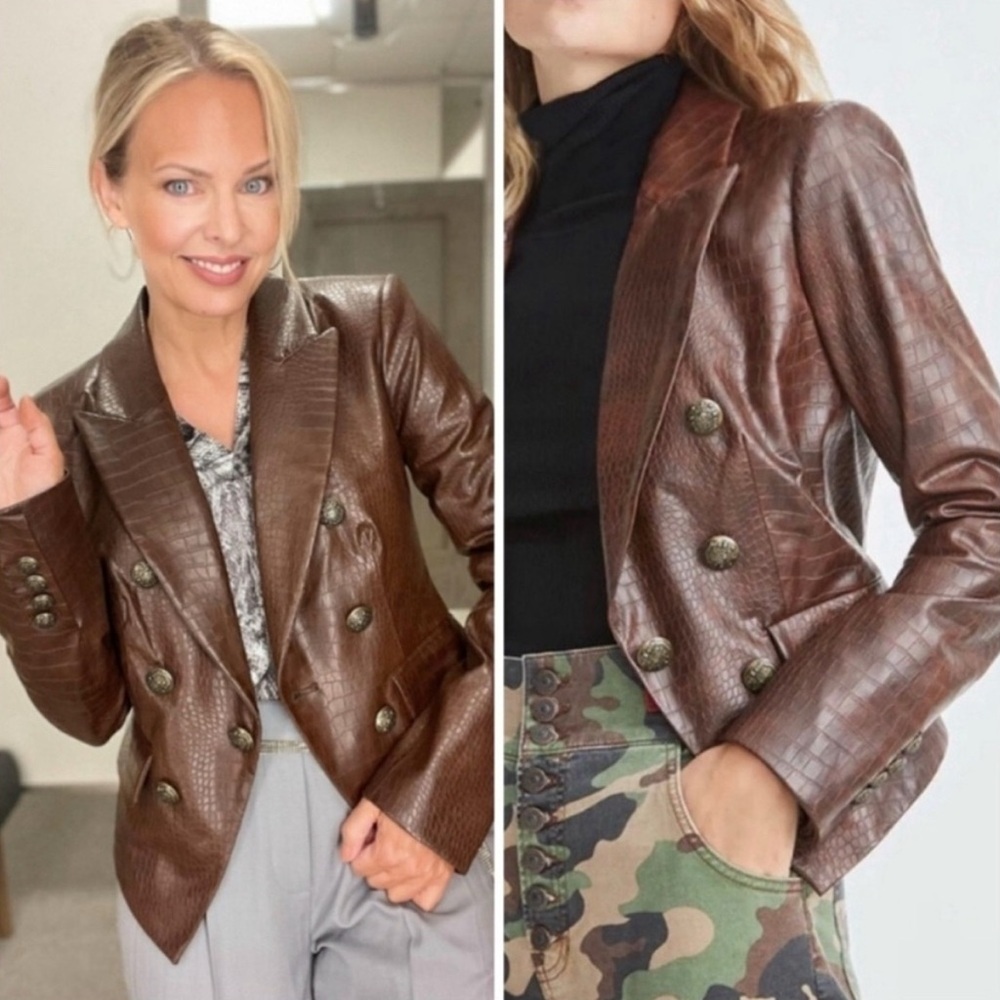 Veronica Beard Cooke Faux Leather Dickey Jacket Blazer in Chicory Size 0